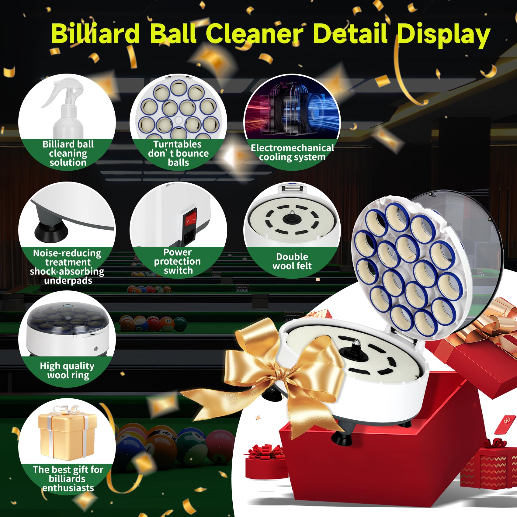 Upgraded Billiard Ball Cleaner and Polisher, Billiard Ball Cleaner, Pool Ball Cleaner for 16 Billiard and Snooker, Balls British and American Dual Use 110V, Automatic Pool Ball Cleaner