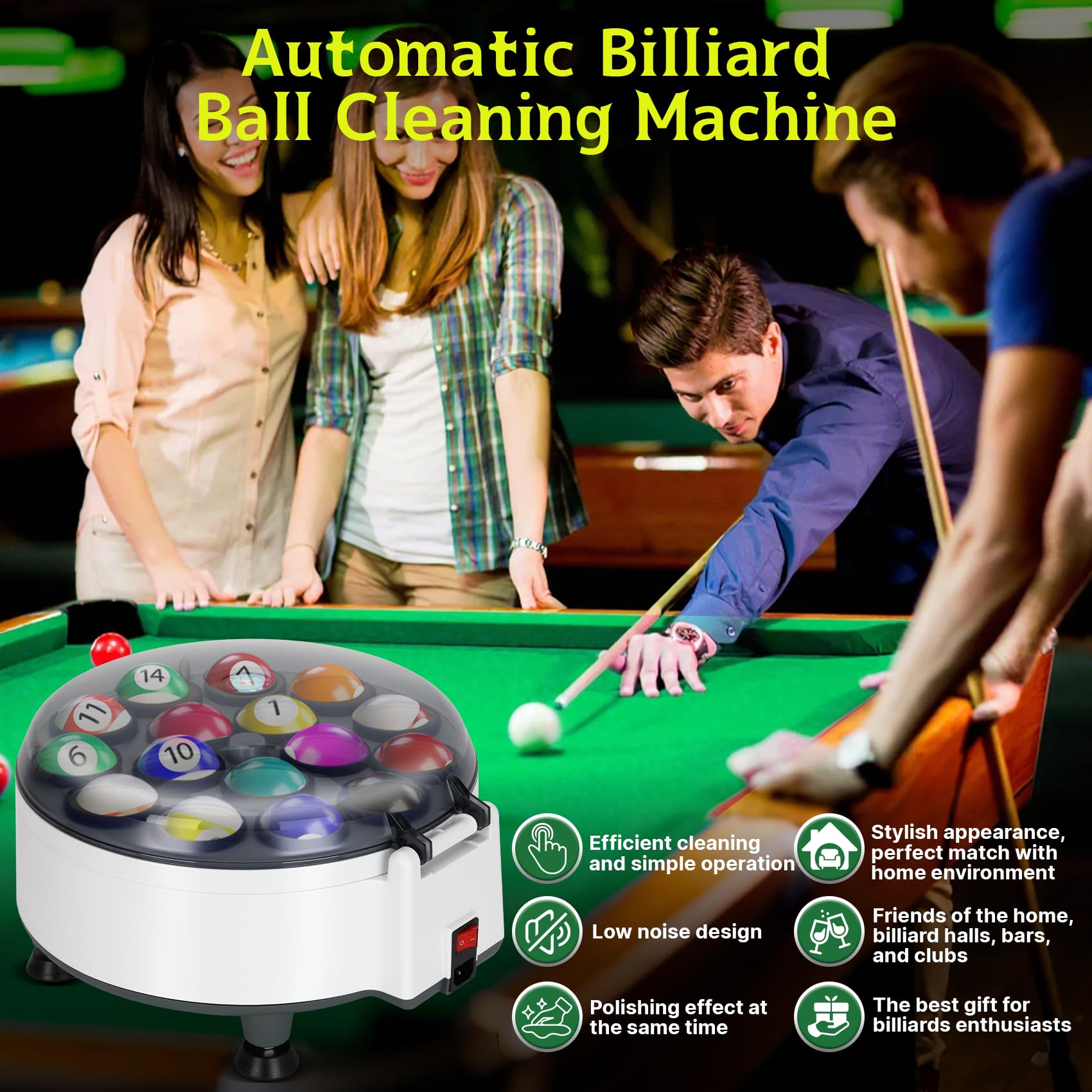 Upgraded Billiard Ball Cleaner and Polisher, Billiard Ball Cleaner, Pool Ball Cleaner for 16 Billiard and Snooker, Balls British and American Dual Use 110V, Automatic Pool Ball Cleaner