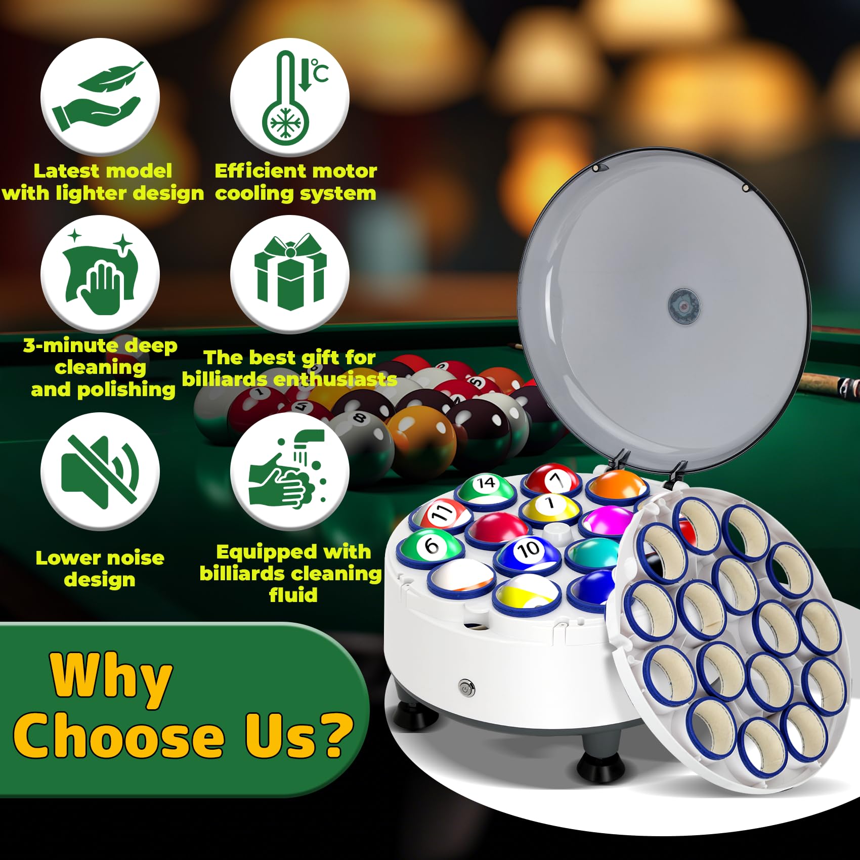 Upgraded Billiard Ball Cleaner and Polisher, Billiard Ball Cleaner, Pool Ball Cleaner for 16 Billiard and Snooker, Balls British and American Dual Use 110V, Automatic Pool Ball Cleaner