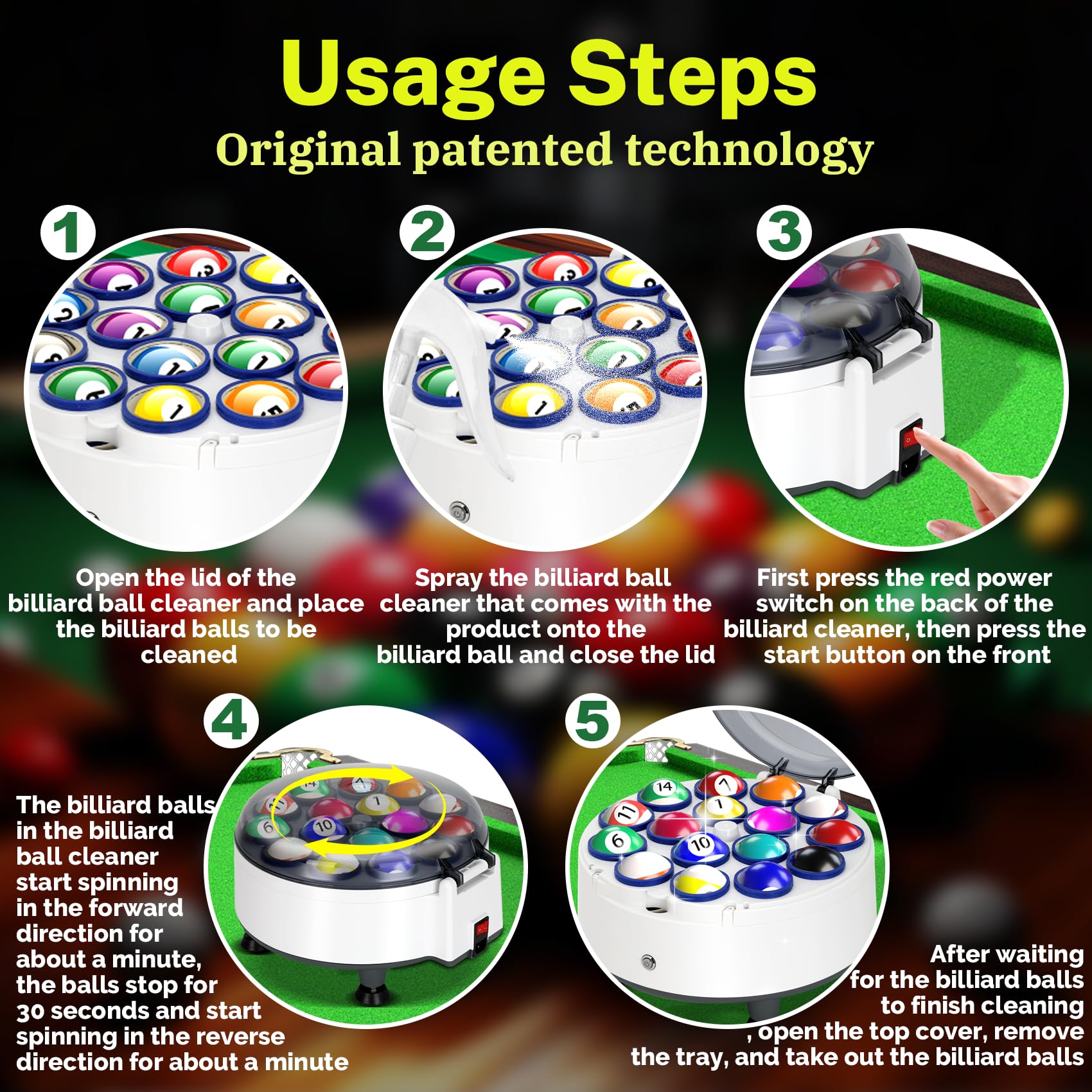 Upgraded Billiard Ball Cleaner and Polisher, Billiard Ball Cleaner, Pool Ball Cleaner for 16 Billiard and Snooker, Balls British and American Dual Use 110V, Automatic Pool Ball Cleaner