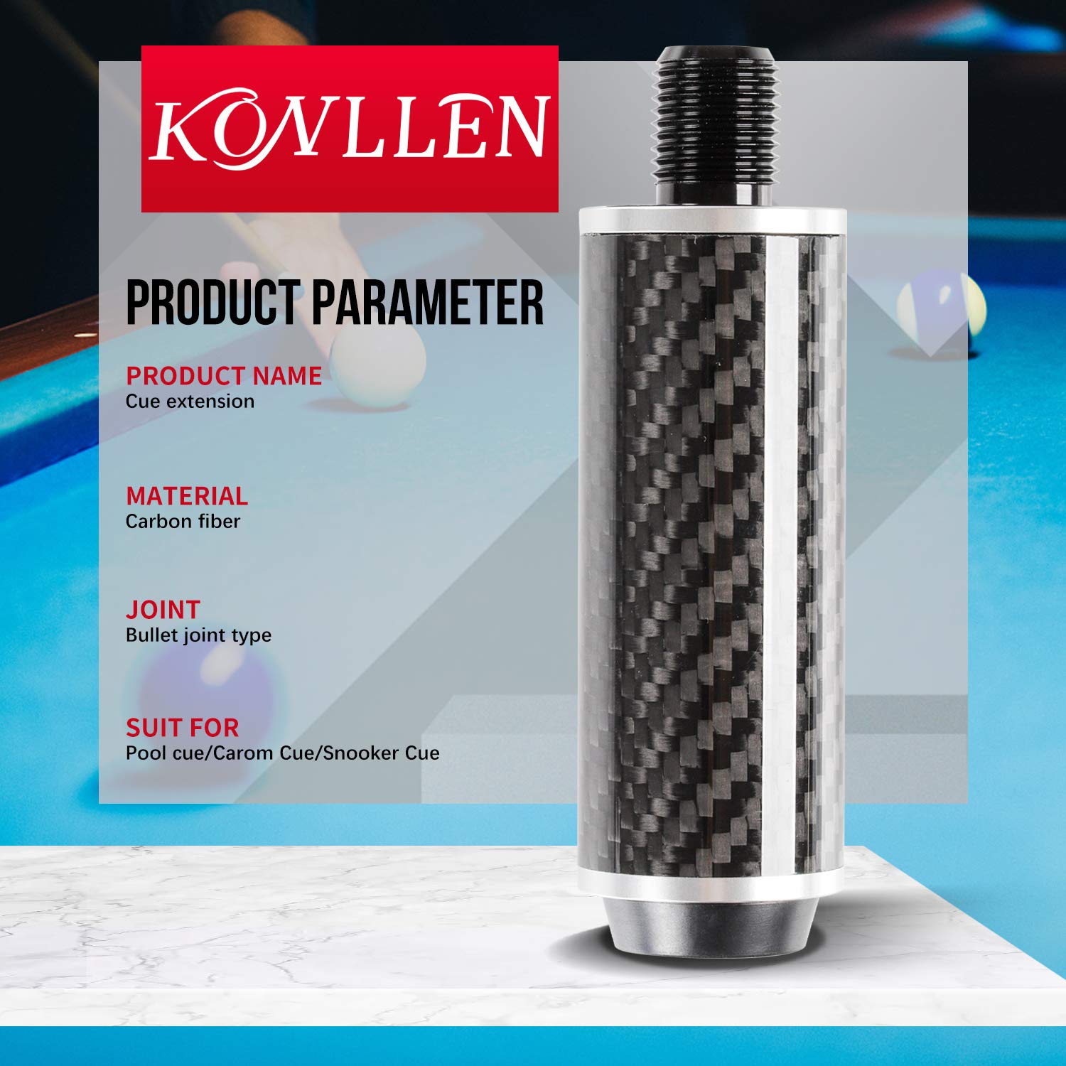 KONLLEN Pool Cue Extension 3 inch Carbon Fiber Billiard Cue Extension Billiard Accessories for Pool Sticks