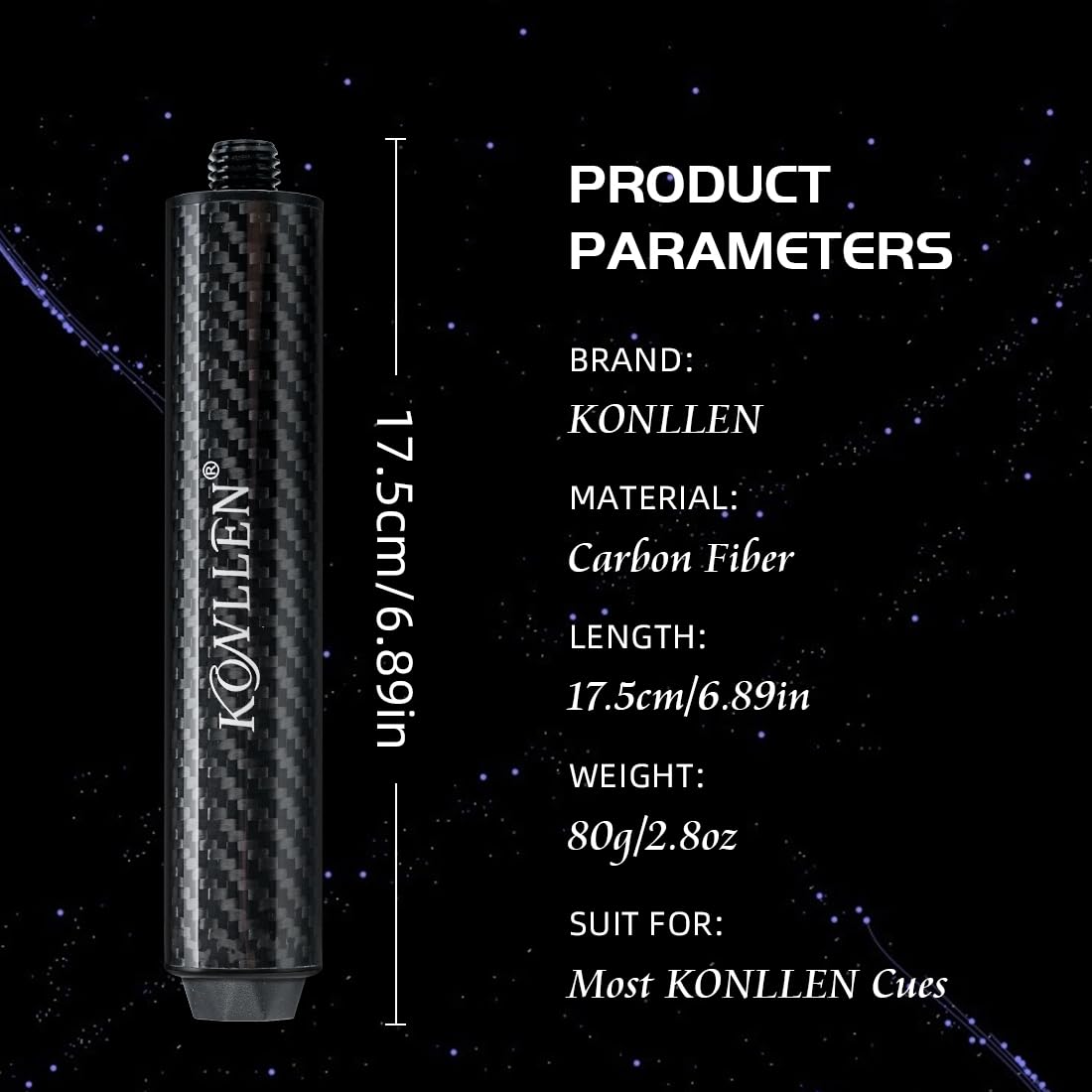 KONLLEN Pool Cue Extension 6 inch Carbon Fiber Billiard Cue Extension Billiard Accessories for Pool Sticks