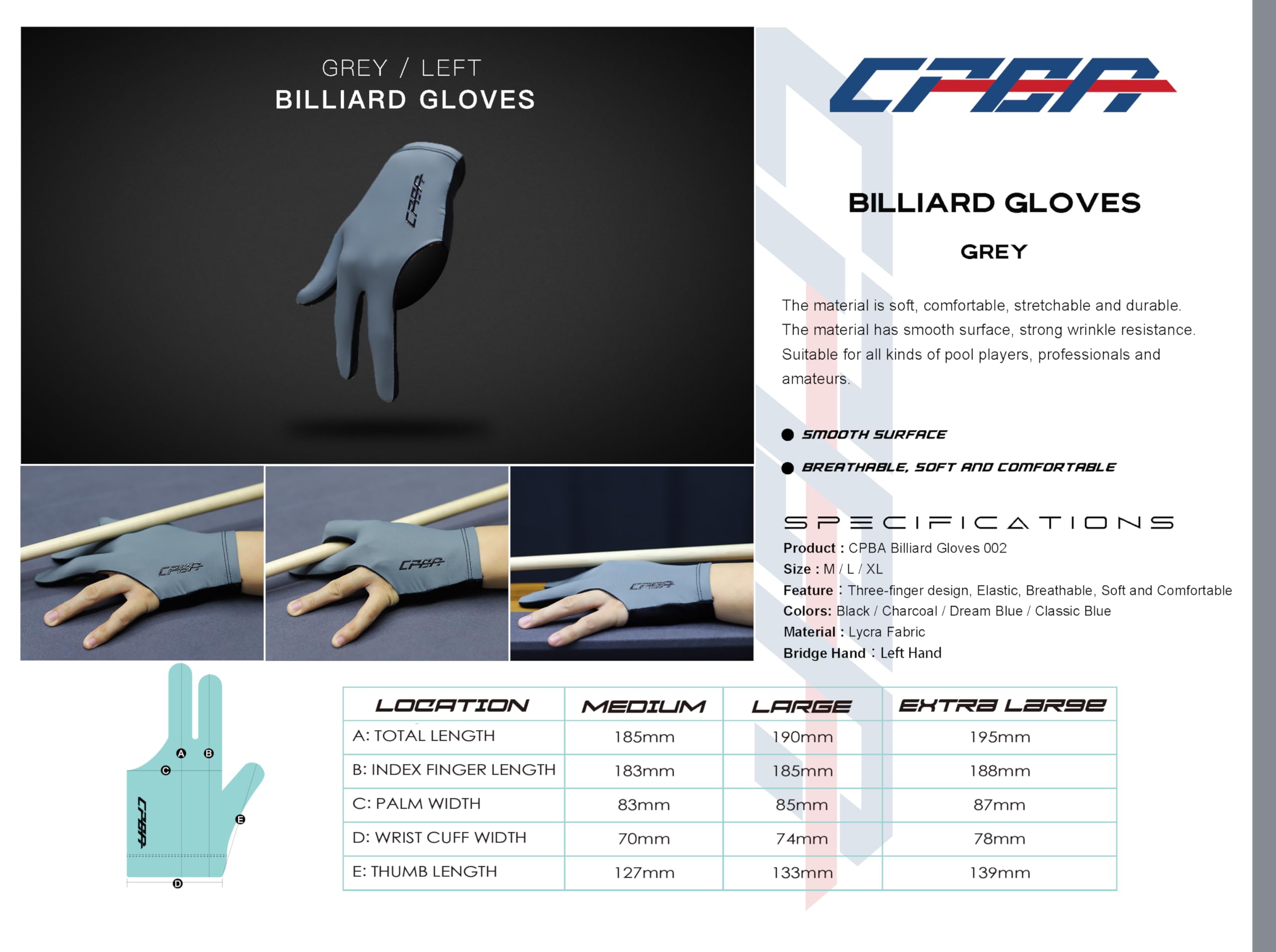 CPBA Professional Billiards Glove Close Finger Grey Color