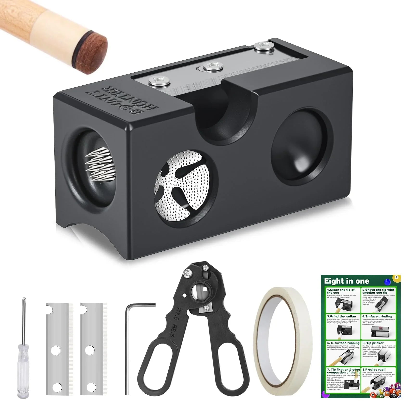 Billiards Pool Cue Tip Shaper, Pool Cue Tips Replacement Kit, Pool Cue Shaper, Pool Cue Tip Tool, Pool Cue Tips Repair Tool for Replacement and Shaping Cue Tips