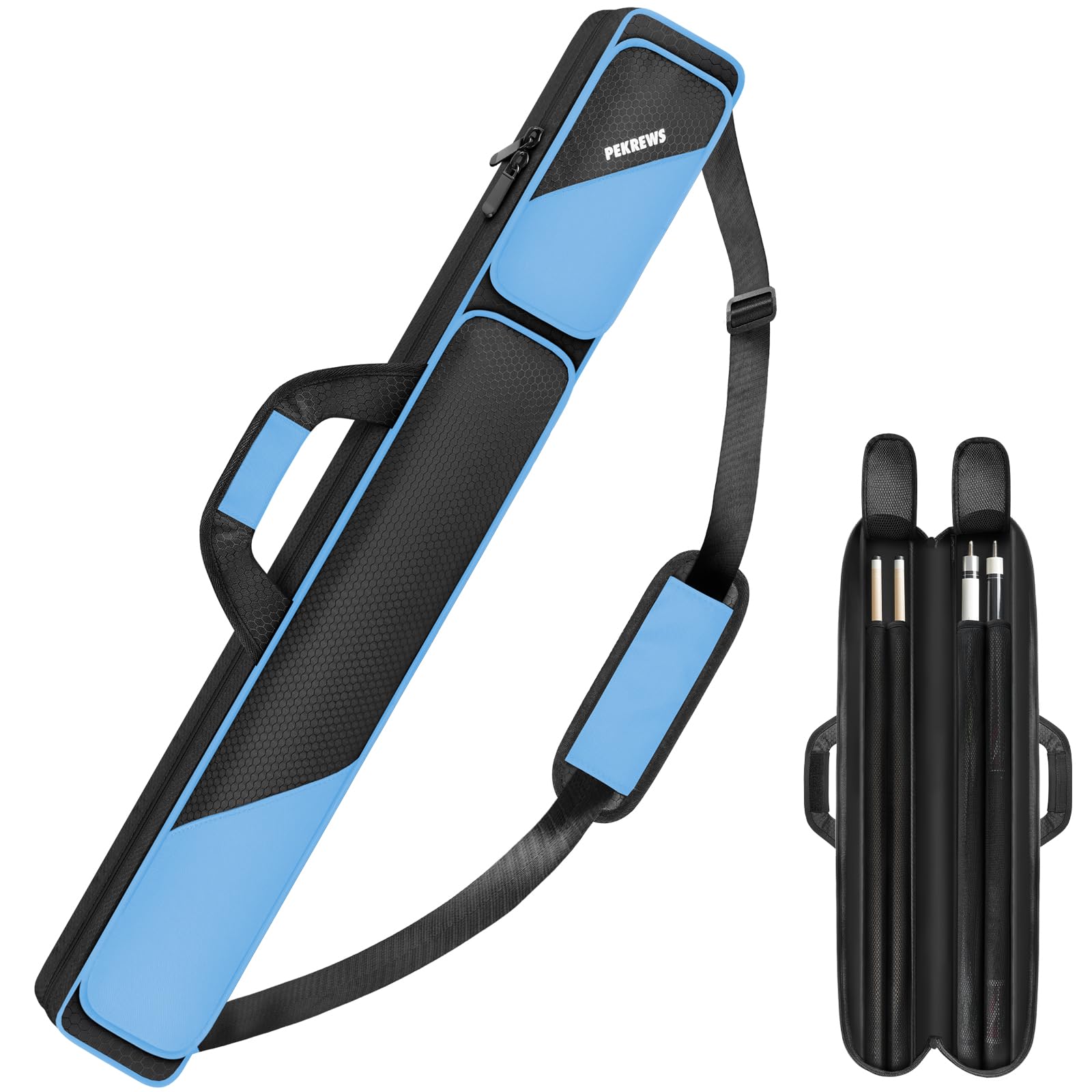 Pool Cue Case, Pool Stick Case 2x2 Holds 2 Sticks with 2 Accessory Zipper Pockets, Sturdy Polyester Pool Cue Carry Bag with Shoulder Strap Handle, Soft Billiard Cue Sling Bag