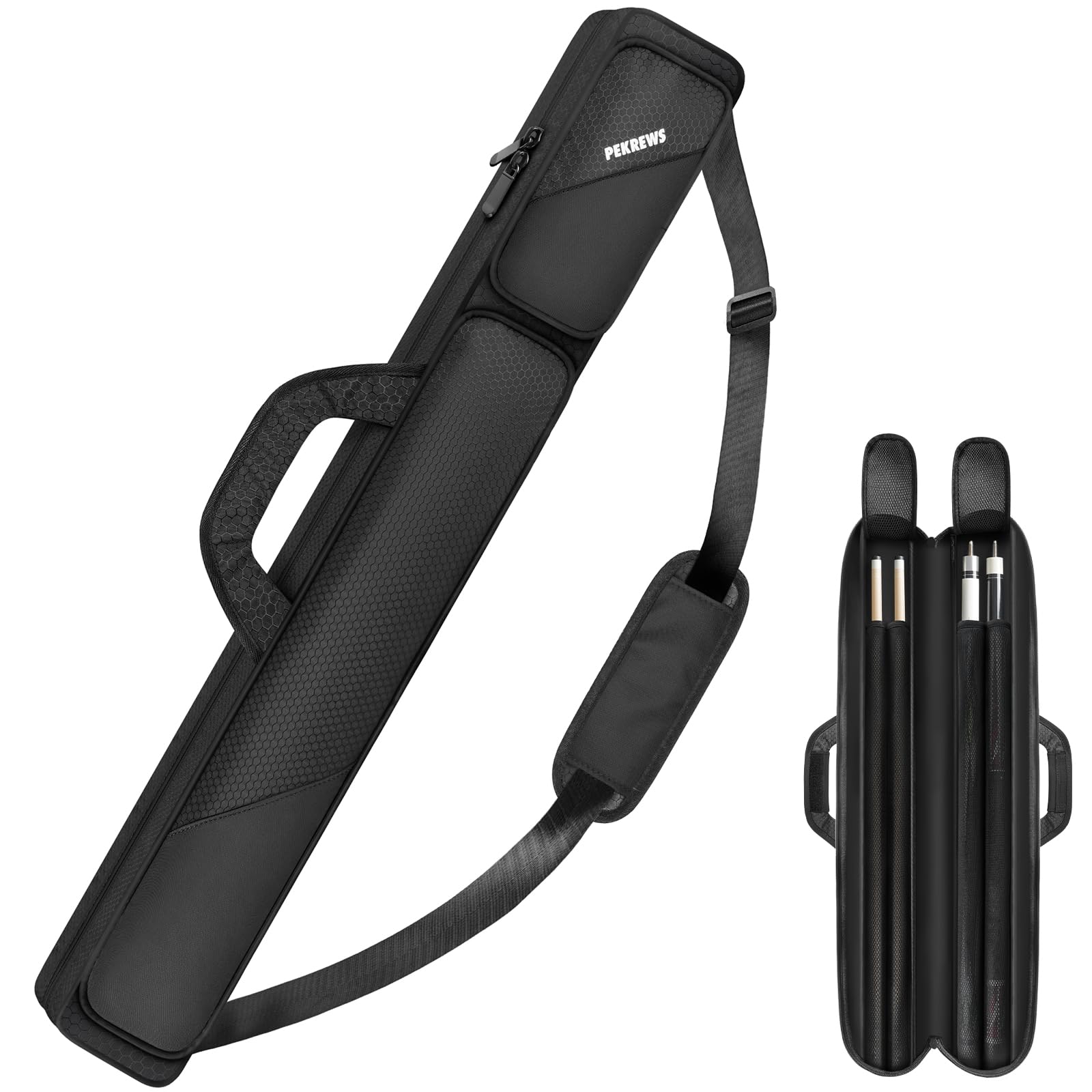 Pool Cue Case, Pool Stick Case 2x2 Holds 2 Sticks with 2 Accessory Zipper Pockets, Sturdy Polyester Pool Cue Carry Bag with Shoulder Strap Handle, Soft Billiard Cue Sling Bag