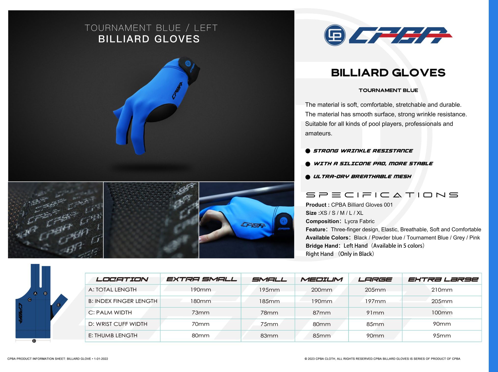 CPBA Professional Billiards Glove Left Hand Grey Color