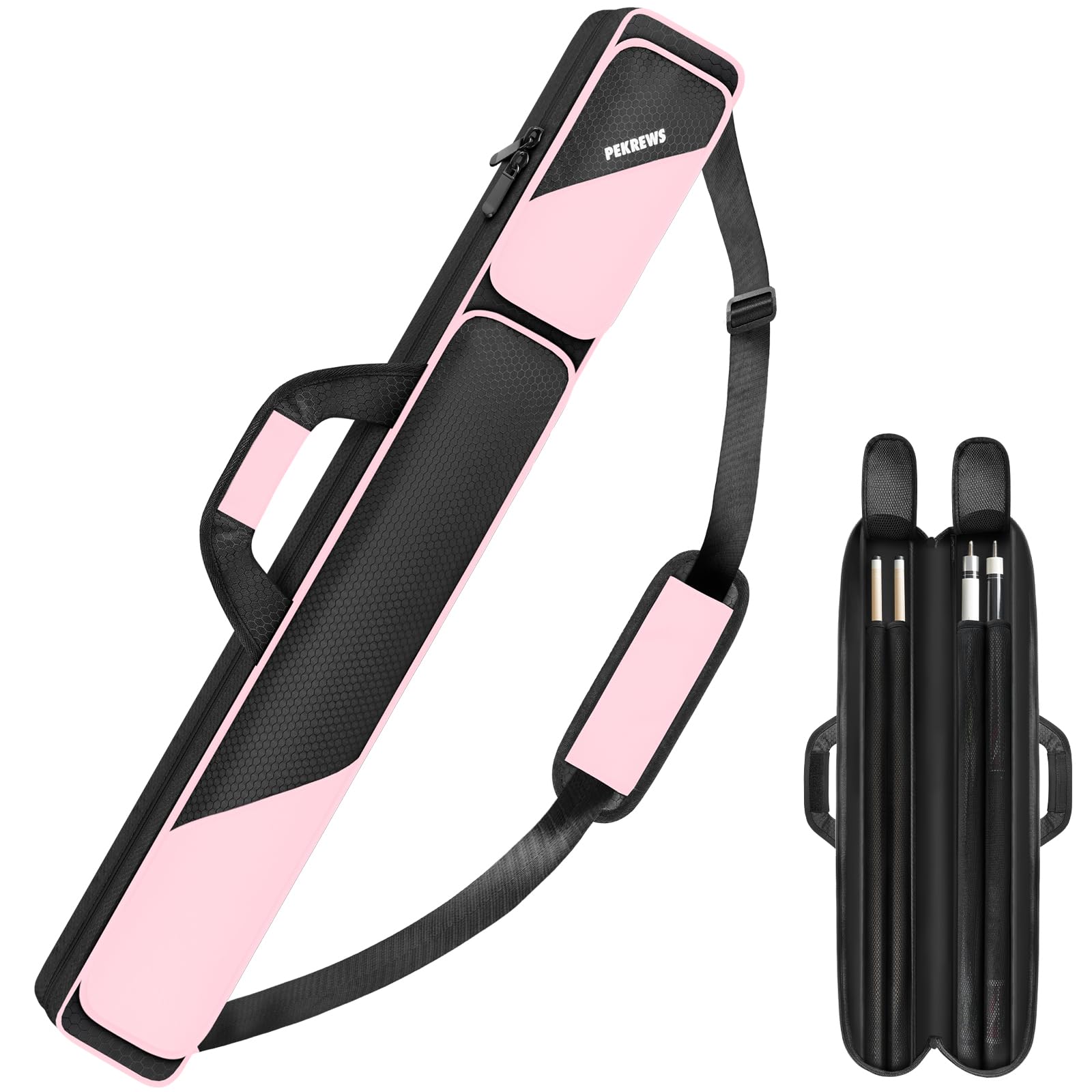 Pool Cue Case, Pool Stick Case 2x2 Holds 2 Sticks with 2 Accessory Zipper Pockets, Sturdy Polyester Pool Cue Carry Bag with Shoulder Strap Handle, Soft Billiard Cue Sling Bag