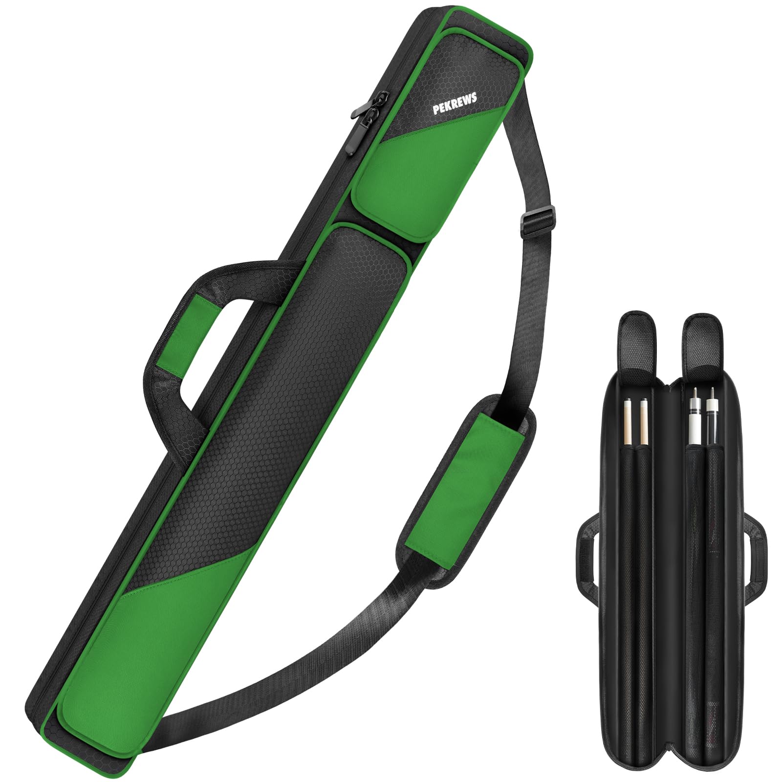 Pool Cue Case, Pool Stick Case 2x2 Holds 2 Sticks with 2 Accessory Zipper Pockets, Sturdy Polyester Pool Cue Carry Bag with Shoulder Strap Handle, Soft Billiard Cue Sling Bag