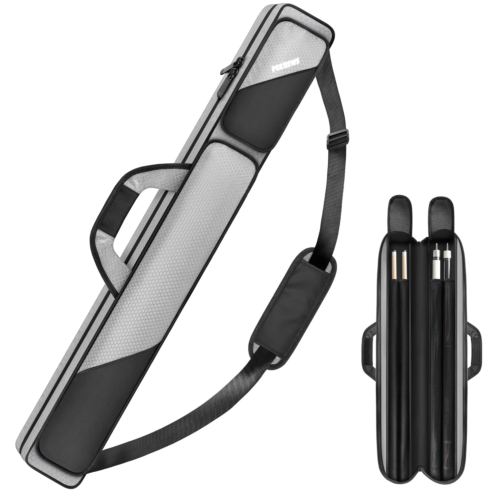 Pool Cue Case, Pool Stick Case 2x2 Holds 2 Sticks with 2 Accessory Zipper Pockets, Sturdy Polyester Pool Cue Carry Bag with Shoulder Strap Handle, Soft Billiard Cue Sling Bag