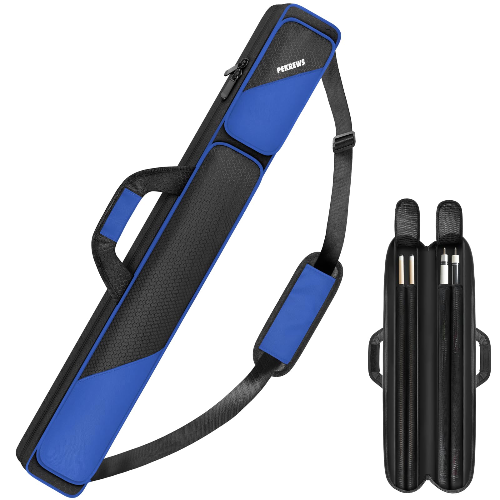 Pool Cue Case, Pool Stick Case 2x2 Holds 2 Sticks with 2 Accessory Zipper Pockets, Sturdy Polyester Pool Cue Carry Bag with Shoulder Strap Handle, Soft Billiard Cue Sling Bag