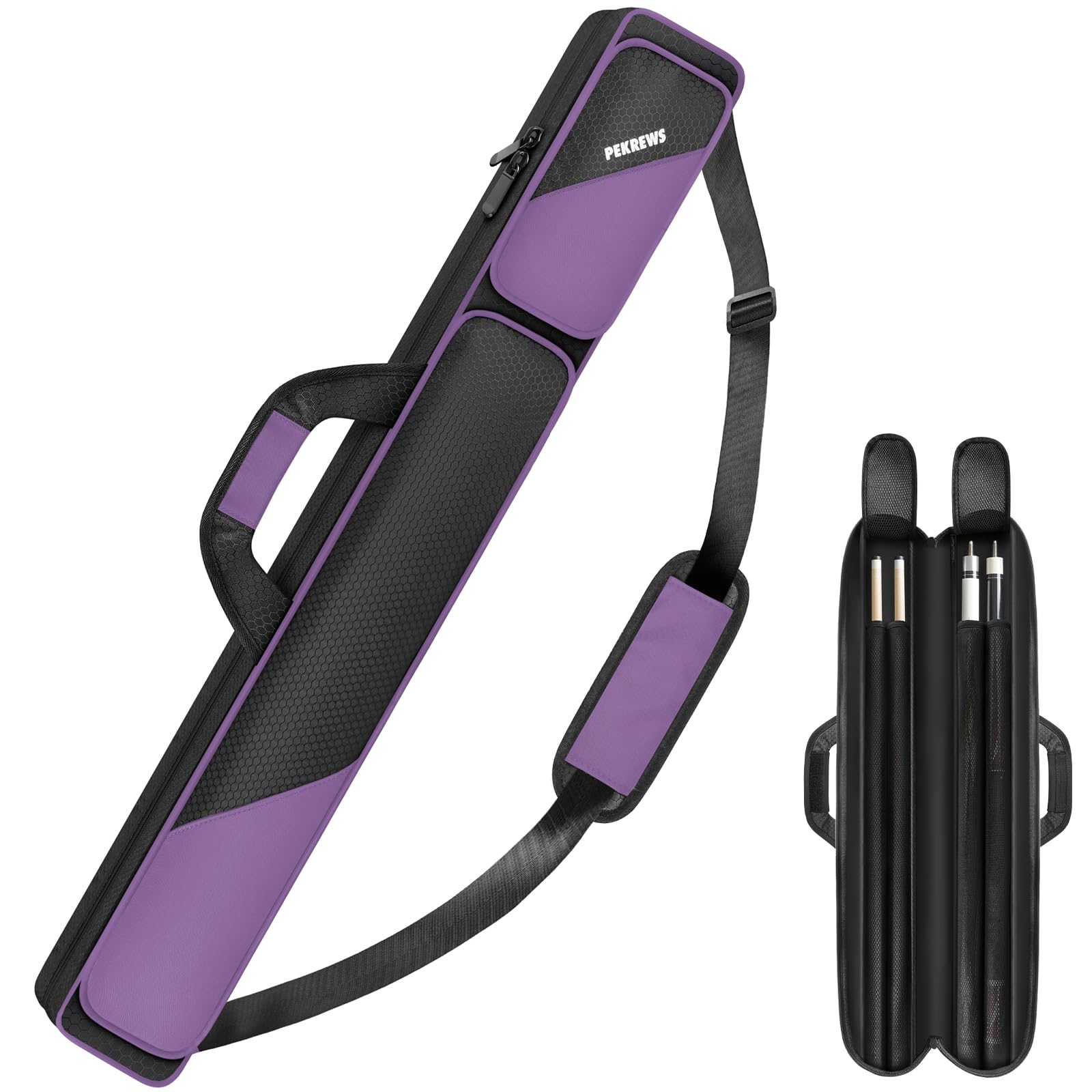 Pool Cue Case, Pool Stick Case 2x2 Holds 2 Sticks with 2 Accessory Zipper Pockets, Sturdy Polyester Pool Cue Carry Bag with Shoulder Strap Handle, Soft Billiard Cue Sling Bag
