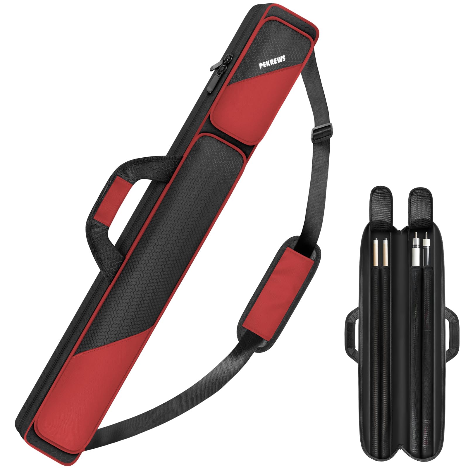 Pool Cue Case, Pool Stick Case 2x2 Holds 2 Sticks with 2 Accessory Zipper Pockets, Sturdy Polyester Pool Cue Carry Bag with Shoulder Strap Handle, Soft Billiard Cue Sling Bag